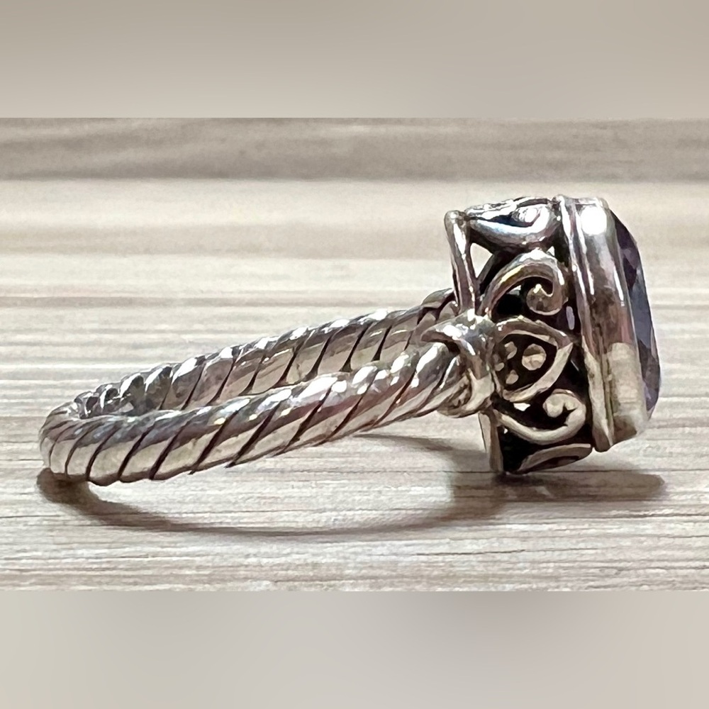 Vintage Designer Signed M ID Sterling Silver Twisted Cable Amethyst Ring, Size 5 - Picture 5 of 9